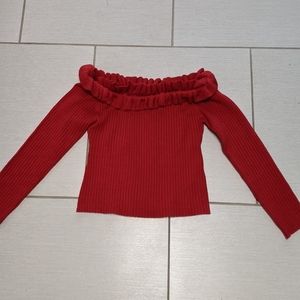Large red sweater with ruffles, brand is XOXO